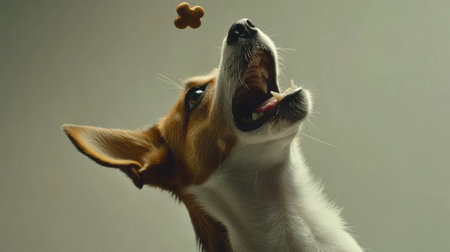 A lively dog catches a treat mid-air, showcasing excitement and playfulness. The shot captures the joy of pets during training or playtime.の素材
