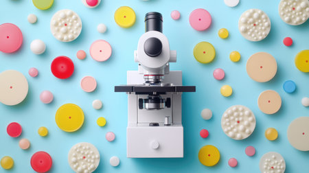 A vibrant lab scene featuring a microscope surrounded by colorful petri dishes. Ideal for themes of science, research, and education.の素材