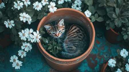A charming cat curled up in a flower pot, surrounded by white blooms. This serene scene captures the beauty of nature and the comfort of pets.の素材