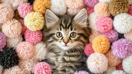 A delightful kitten rests among vibrant pom poms, showcasing its charming expression and soft fur. Perfect for pet lovers and animal photography.の素材