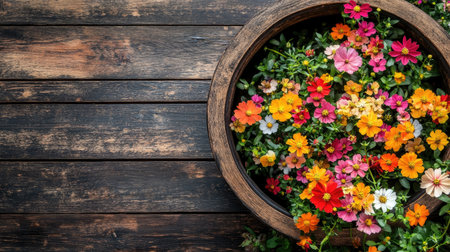 A beautiful arrangement of colorful flowers in a wooden bowl atop a rustic table. This image captures the essence of nature's vibrant beauty and tranquility.の素材