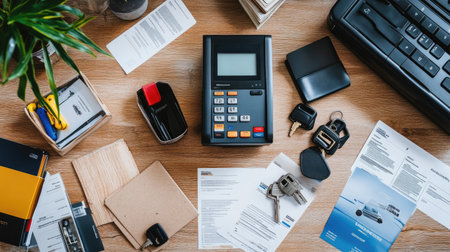 A top-down view of an organized office workspace featuring a calculator, documents, keys, and essential items for effective daily tasks and productivity.の素材