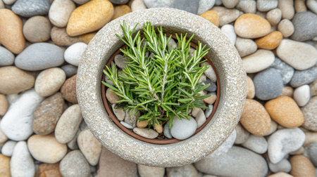 A close-up view of a green plant, specifically rosemary, in a textured stone pot, surrounded by smooth pebbles for an organic and serene feel.の素材