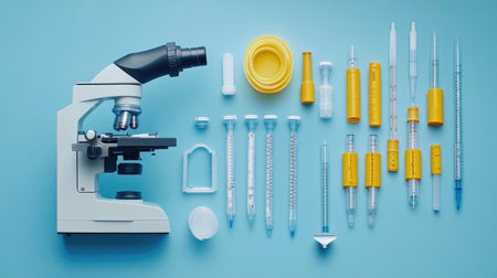 A neatly arranged set of laboratory equipment including a microscope, various types of glassware, and instruments on a vibrant blue background, ideal for scientific themes.の素材
