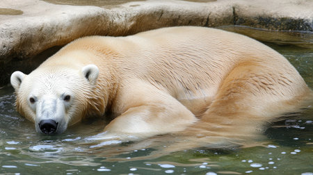 A tranquil polar bear enjoys a moment of relaxation in the water, showcasing its soft fur and serene demeanor. A perfect capture of wildlife beauty.の素材
