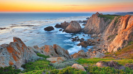 A breathtaking coastal vista at sunset, showcasing rocky cliffs and gentle waves. The scene captures the beauty of nature, ideal for relaxation and travel themes.の素材