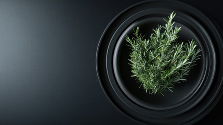 A top view of fresh rosemary on a black plate, showcasing the vibrant greens against a minimalistic background, perfect for culinary and food photography.の素材