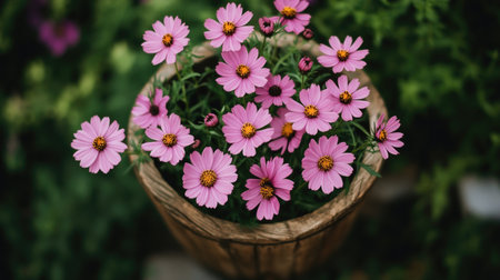 A charming arrangement of pink flowers in a rustic wooden pot, surrounded by lush greenery. Perfect for adding a touch of nature and warmth to any space.の素材