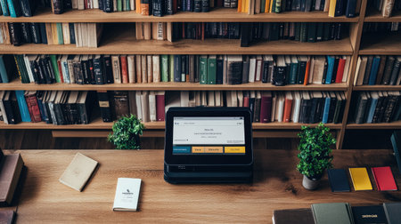 A modern workspace featuring a laptop and books on a wooden table, surrounded by lush plants and an extensive bookshelf, perfect for study or work.の素材