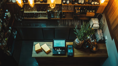 A cozy bar featuring rustic decor with wood accents and warm lighting. Ideal for showcasing inviting hospitality environments or nightlife settings.の素材