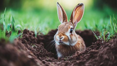 A cute rabbit peeks out from its burrow in a vibrant green field, embodying curiosity and innocence in nature. Perfect for wildlife and animal lovers.の素材