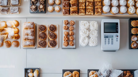 An inviting display of assorted pastries and desserts showcasing a variety of textures and flavors. Perfect for cafes, bakeries, and sweet treat lovers.の素材