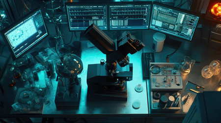 A modern laboratory filled with high-tech equipment, including a microscope and multiple monitors. The setup showcases a blend of science and technology for research purposes.の素材
