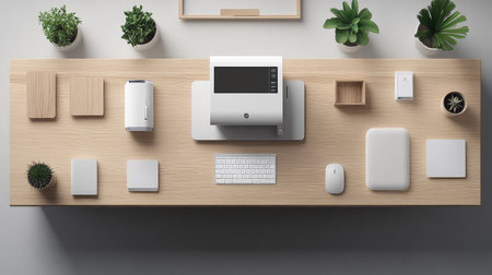 A modern office workspace featuring a computer, printer, and greenery. This clean and organized layout highlights minimalism and productivity in a stylish setting.の素材