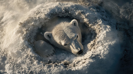 A young polar bear rests in a snowy den, surrounded by soft snow. The scene captures the essence of wildlife in winter, showcasing the bear's adorable features.の素材