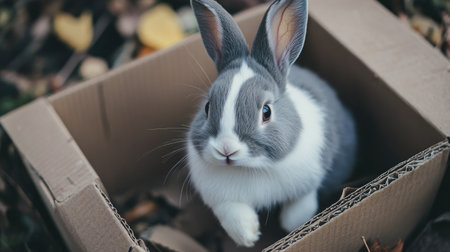 A cute rabbit sits inside a cardboard box surrounded by autumn leaves. This adorable scene captures the essence of playful wildlife in nature.の素材