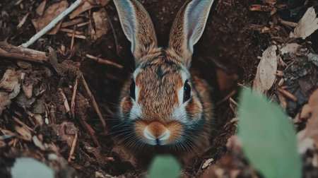 A curious rabbit peeks out of its burrow, showcasing its soft fur and alert expression. The tranquil scene captures the essence of wildlife in nature.の素材