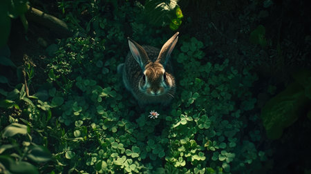 A charming rabbit surrounded by vibrant greenery and clovers, accentuated by a delicate flower, creating a serene and peaceful natural scene.の素材