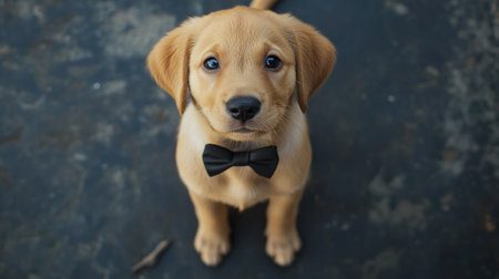This charming puppy in a bow tie captivates with its innocent gaze and playful demeanor, making it the perfect image for pet lovers and animal enthusiasts.の素材