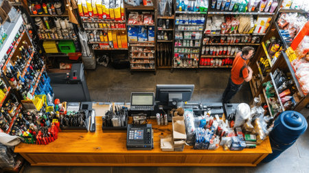 Aerial view capturing the vibrant interior of a grocery store, showcasing organized shelves filled with various products and a busy cashier at work.の素材