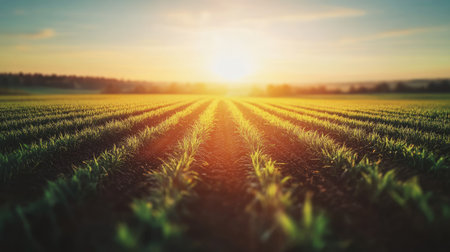 A breathtaking view of a sun setting over lush green fields, showcasing the beauty of nature and the tranquility of rural life. Perfect for agriculture themes.の素材