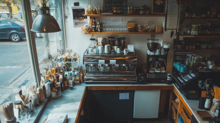 A charming coffee shop interior featuring a well-equipped barista counter, cozy decor, and a variety of coffee-related items, perfect for coffee lovers.の素材