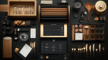 A sophisticated dining setup featuring elegant tableware and kitchen accessories. Ideal for showcasing modern culinary experiences and home decor.の素材