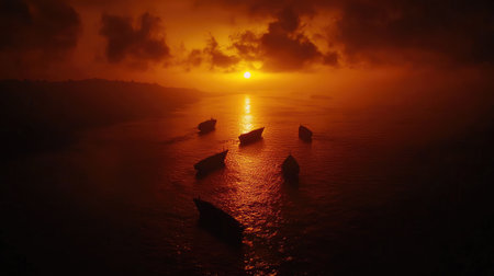 A stunning aerial view of ships silhouetted against a vibrant sunset. The warm orange hues reflect on tranquil waters, creating a serene maritime atmosphere.の素材