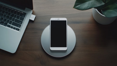 A modern workspace featuring a smartphone on a wireless charger, a laptop, and a green plant, highlighting a minimalist and productive environment.の素材