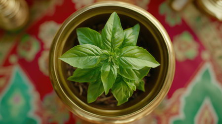 A fresh basil plant with lush green leaves sits in a decorative pot, showcasing its vibrant color against an intricate background, ideal for culinary and gardening themes.の素材