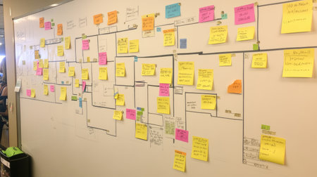 A creative project management flowchart displayed on a wall, featuring colorful sticky notes. This visual represents brainstorming, planning, and workflow in an office environment.の素材