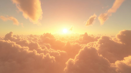 Experience the serene beauty of a sunrise above a soft cloudscape, where warm sunlight spills over fluffy clouds, creating a breathtaking atmosphere.の素材