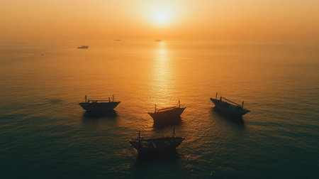 A tranquil sunset paints the sky with warm hues above silhouetted fishing boats resting on calm waters, evoking peace and natural beauty in this serene scene.の素材