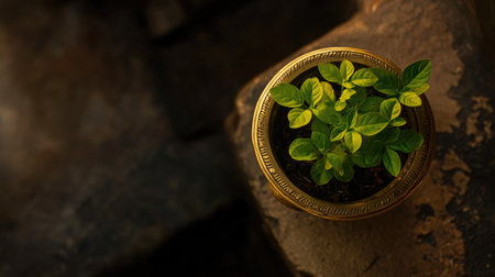 A fresh green plant in a decorative pot sits on a stone surface, showcasing natural beauty and tranquility. Ideal for wellness and lifestyle themes.の素材