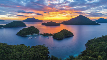 Breathtaking aerial view of tropical islands during sunset, showcasing vibrant colors in the sky and serene waters, perfect for travel and nature themes.の素材