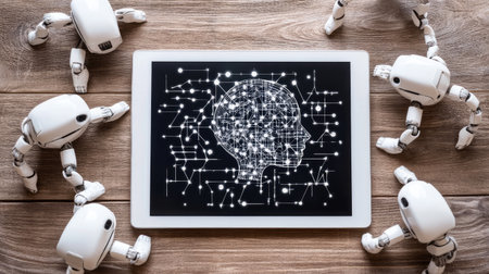 A creative scene featuring small robots gathered around a tablet displaying a digital brain network. This image symbolizes innovation in technology and artificial intelligence.の素材