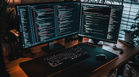A modern workspace featuring dual monitors displaying lines of code. The setup is designed for productivity with a sleek keyboard and mouse. Ideal for tech professionals.の素材