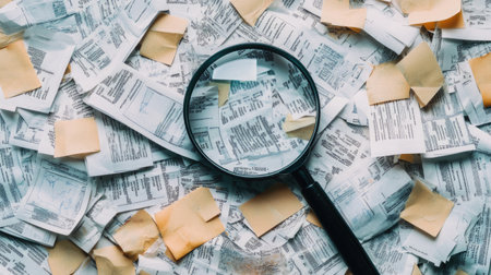 A magnifying glass rests on a chaotic assortment of receipts and sticky notes, illustrating the complexity of financial organization and documentation.の素材