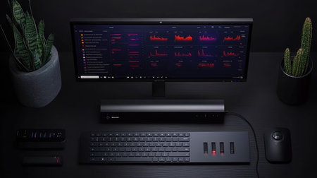 Explore a sleek workspace featuring modern technology and greenery. The arrangement includes a monitor, keyboard, remote, and stylish plants, creating an efficient and aesthetic environment.の素材