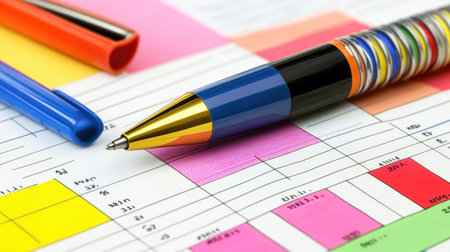 Vibrant pens rest on a colorful planner, ideal for enhancing productivity and organization. Perfect for office or study environments, this image adds creativity.の素材