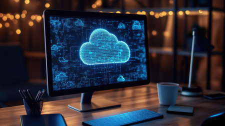 A modern workspace showcasing a computer display with a glowing cloud graphic. The scene highlights technology and data visualization in a cozy atmosphere.の素材