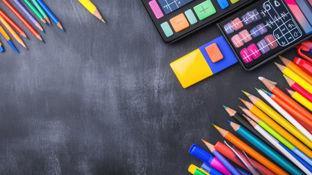 A vibrant arrangement of art supplies including colorful pencils, markers, and crayons on a textured black surface, perfect for creative projects and inspiration.の素材