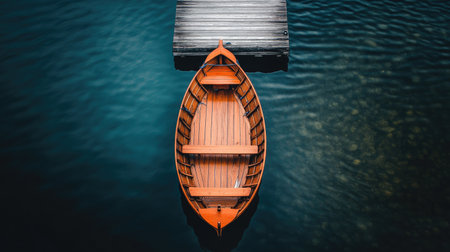 Captivating aerial view of an orange rowboat gently resting at a wooden dock, surrounded by calm blue waters reflecting soft natural light. Perfect for serene, nature-inspired themes.の素材