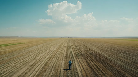 A solitary farmer stands in a vast agricultural field under a bright blue sky adorned with clouds, symbolizing the dedication and solitude found in the life of farming.の素材