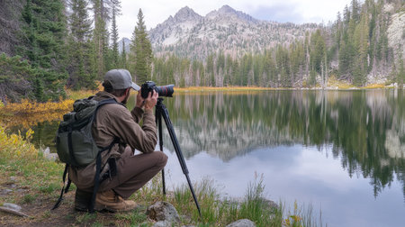 A photographer intently captures the mesmerizing reflection of mountains and trees in a serene lake, embodying the beauty of nature and the art of landscape photography.の素材