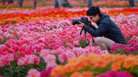 A photographer concentrates intensely on capturing the beauty of a vibrant flower field filled with colorful blooms, showcasing a passion for photography and nature.の素材
