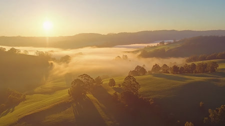 Experience a stunning sunrise illuminating misty valleys and lush green hills, capturing the tranquil beauty of nature in its purest form during dawn.の素材
