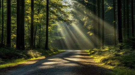Discover a tranquil dirt path in a lush forest, where sunlight streams through towering trees, creating a serene and captivating atmosphere ideal for nature lovers.の素材