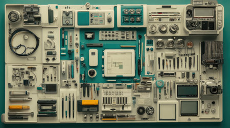 A vibrant teal workspace filled with an array of tools, writing instruments, and electronics showcases creativity and organization, ideal for modern workspace inspiration and productivity.の素材