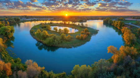 A breathtaking view of a winding river at sunset, showcasing vibrant colors and lush greenery, creating a peaceful atmosphere in the natural landscape.の素材